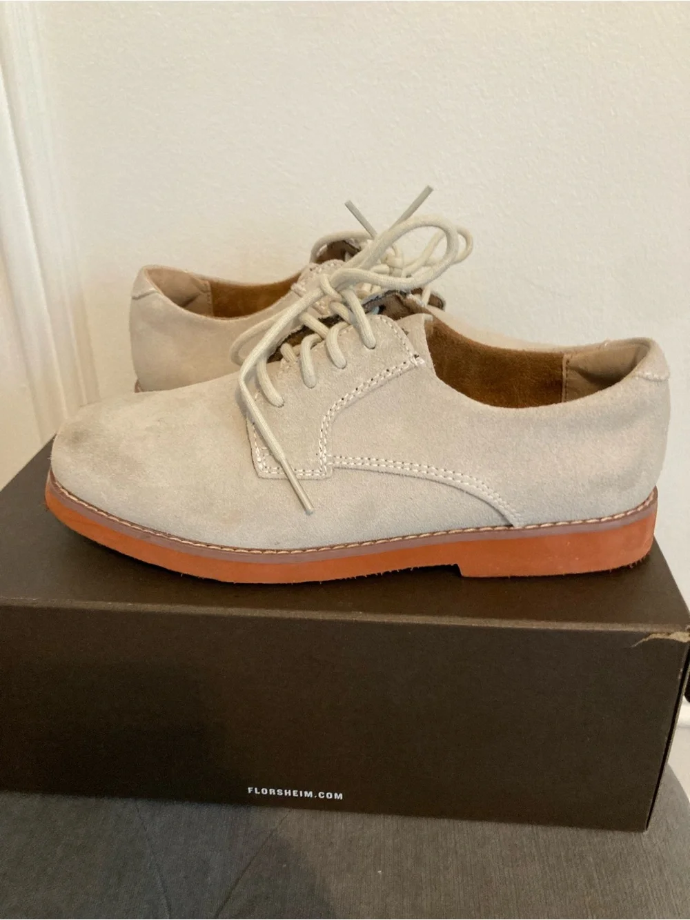 Florsheim Kids Suede Dress Shoes in Light Gray with Tan Sole